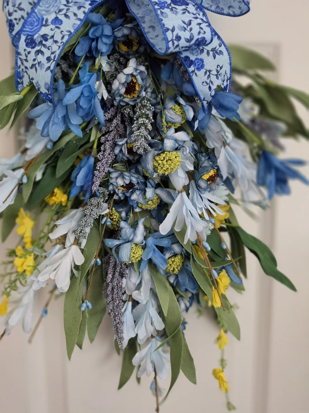 Blue & Yellow Floral Teardrop Door Swag with Patterned Bow